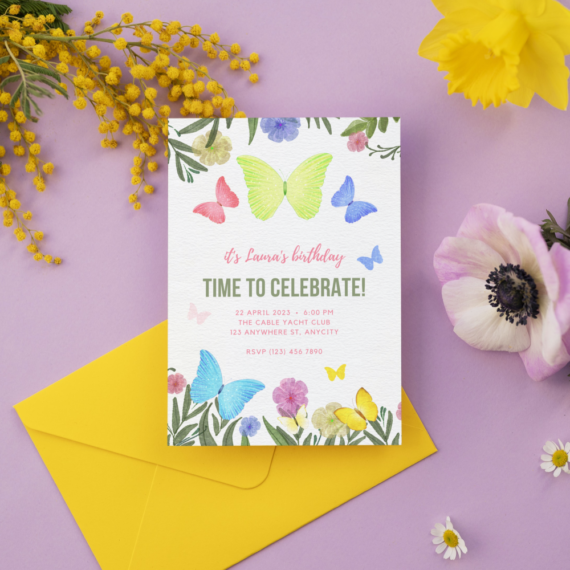 Butterfly Garden Birthday Invitation Template Scene - Whimsy Invites