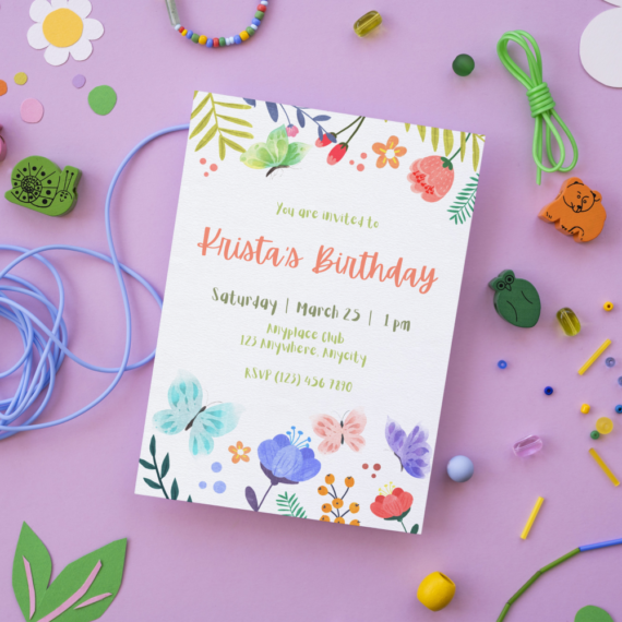 Flowers Leaves and Butterflies Birthday Template Scene - Whimsy Invites