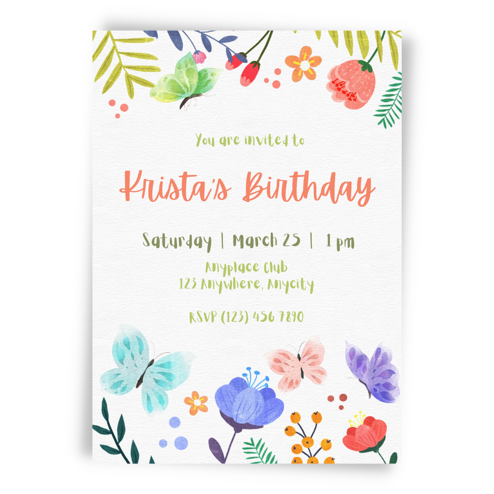 Flowers Leaves and Butterflies Birthday Template - Whimsy Invites