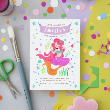 Pink Hair Mermaid 5x7 Birthday Invitation Scene_Whimsy Invites