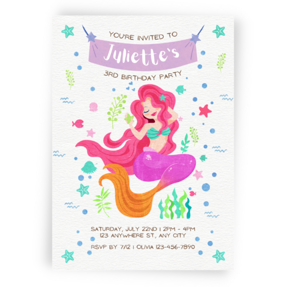 Pink Hair Mermaid 5x7 Birthday Invitation_Whimsy Invites