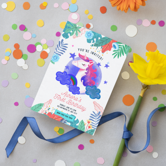 Unicorn Flowers and Stars Birthday Template Scene - Whimsy Invites