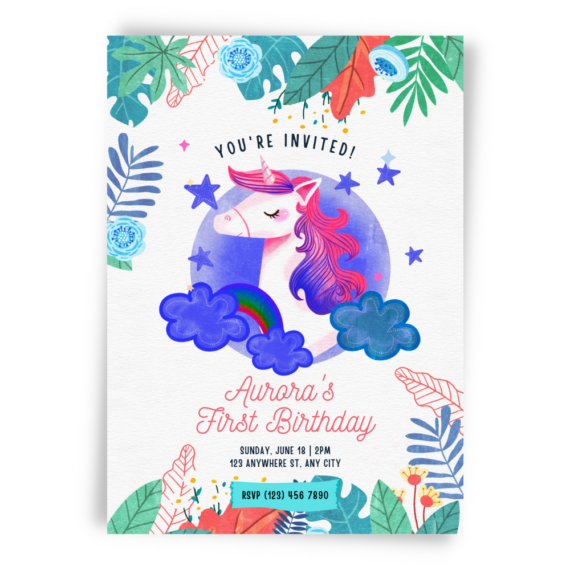 Unicorn Flowers and Stars Birthday Template - Whimsy Invites