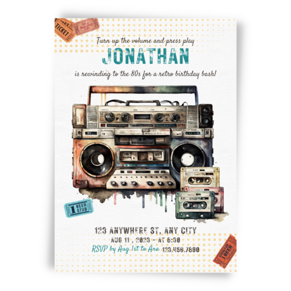 Boombox and Cassette Tapes Birthday Template - Whimsy Invites